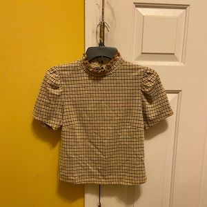 Ruffled turtle neck short-sleeve tartan/plaid/checkered print shirt